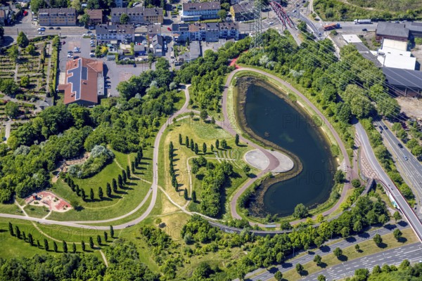 Aerial view, Kruppsee with open-air theatre and park, Westviertel, Essen, Ruhr area, North Rhine-Westphalia, Germany