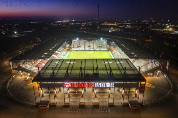 Aerial view, football stadium at the Hafenstraße of the club Rot-Weiß Essen, 3rd Bundesliga, Essen-Borbeck, stands, Essen, Ruhr area, North Rhine-Westphalia, Germany Copyright: Blossey Mantler