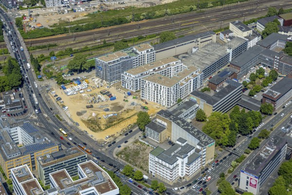 Aerial view, construction site of new literature quarter for offices and flats between Sachsenstraße and Bert-Brecht-Straße, Südviertel, Essen, Ruhr area, North Rhine-Westphalia, Germany