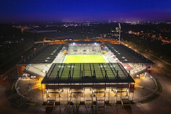 Aerial view, football stadium at the Hafenstraße of the club Rot-Weiß Essen, 3rd Bundesliga, Essen-Borbeck, stands, Essen, Ruhr area, North Rhine-Westphalia, Germany Copyright: Blossey Mantler