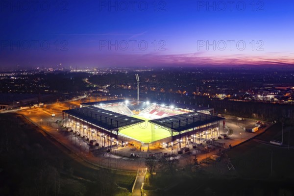 Aerial view, football stadium at the Hafenstraße of the club Rot-Weiß Essen, 3rd Bundesliga, Essen-Borbeck, stands, Essen, Ruhr area, North Rhine-Westphalia, Germany Copyright: Blossey Mantler