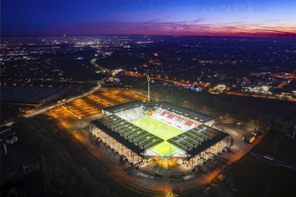 Aerial view, football stadium at the Hafenstraße of the club Rot-Weiß Essen, 3rd Bundesliga, Essen-Borbeck, stands, Essen, Ruhr area, North Rhine-Westphalia, Germany Copyright: Blossey Mantler