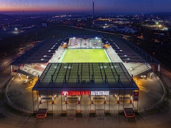 Aerial view, football stadium at the Hafenstraße of the club Rot-Weiß Essen, 3rd Bundesliga, Essen-Borbeck, stands, Essen, Ruhr area, North Rhine-Westphalia, Germany Copyright: Blossey Mantler