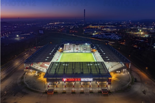 Aerial view, football stadium at the Hafenstraße of the club Rot-Weiß Essen, 3rd Bundesliga, Essen-Borbeck, stands, Essen, Ruhr area, North Rhine-Westphalia, Germany Copyright: Blossey Mantler