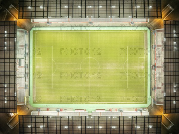 Aerial view, football stadium at the Hafenstraße of the club Rot-Weiß Essen, 3rd Bundesliga, Essen-Borbeck, stands, Essen, Ruhr area, North Rhine-Westphalia, Germany Copyright: Blossey Mantler
