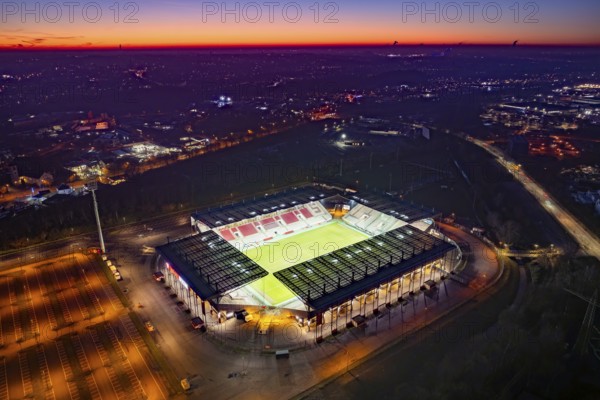 Aerial view, football stadium at the Hafenstraße of the club Rot-Weiß Essen, 3rd Bundesliga, Essen-Borbeck, stands, Essen, Ruhr area, North Rhine-Westphalia, Germany Copyright: Blossey Mantler