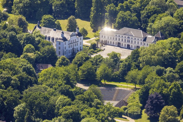 Aerial view, Borbeck moated castle and castle park, Dubois-Arena amphitheatre open-air stage, Borbeck-Mitte, Essen, Ruhr area, North Rhine-Westphalia, Germany