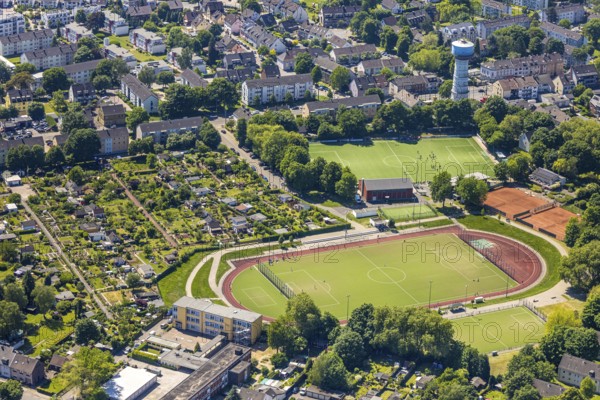 Aerial view, football stadium Bezirks-Sportanlage Am Wasserturm, KGV Kleingartenverein am Frintroper Wasserturm 1930 e.V., Bedingrade, Essen, Ruhr area, North Rhine-Westphalia, Germany