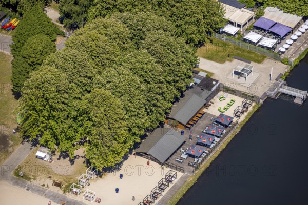 Aerial view, bathing area Seaside Beach, Freiherr-vom-Stein-Straße, outdoor pool and lido Lake Baldeney, Weiße Flotte jetty lido with catering and parasols, Bredeney, Essen, Ruhr area, North Rhine-Westphalia, Germany