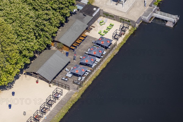 Aerial view, bathing area Seaside Beach, Freiherr-vom-Stein-Straße, outdoor pool and lido Lake Baldeney, Weiße Flotte jetty lido with catering and parasols, Bredeney, Essen, Ruhr area, North Rhine-Westphalia, Germany
