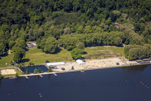 Aerial view, bathing area Seaside Beach, Freiherr-vom-Stein-Straße, outdoor pool and beach Lake Baldeney, Bredeney, Essen, Ruhr area, North Rhine-Westphalia, Germany