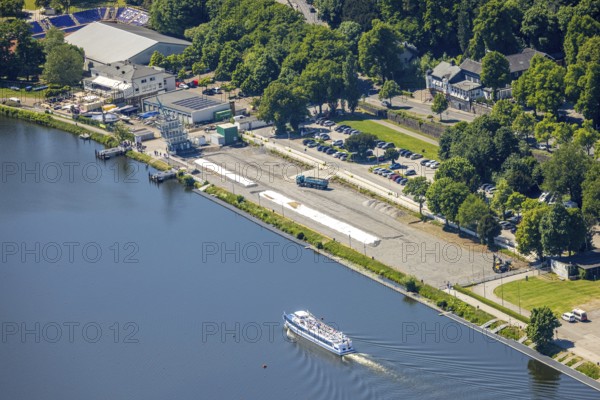 Aerial view, construction site with new regatta grandstand at the regatta house and the regatta course on Lake Baldeney, excursion boat, Bredeney, Essen, Ruhr area, North Rhine-Westphalia, Germany