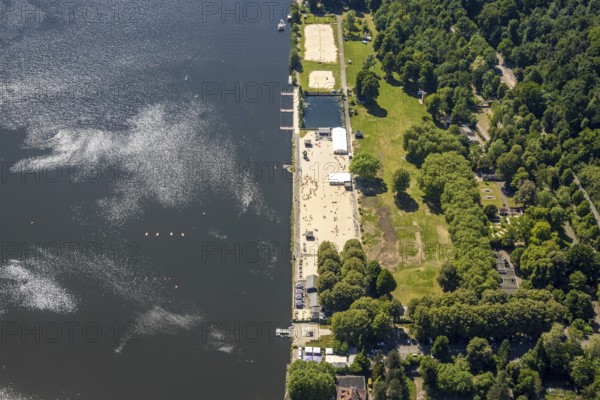Aerial view, bathing area Seaside Beach, Freiherr-vom-Stein-Straße, outdoor pool and beach Lake Baldeney, Bredeney, Essen, Ruhr area, North Rhine-Westphalia, Germany