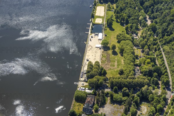Aerial view, bathing area Seaside Beach, Freiherr-vom-Stein-Straße, outdoor pool and beach Lake Baldeney, Bredeney, Essen, Ruhr area, North Rhine-Westphalia, Germany