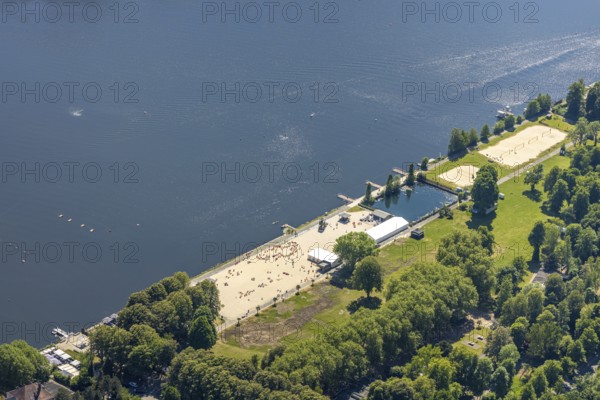 Aerial view, bathing area Seaside Beach, Freiherr-vom-Stein-Straße, outdoor pool and beach Lake Baldeney, Bredeney, Essen, Ruhr area, North Rhine-Westphalia, Germany