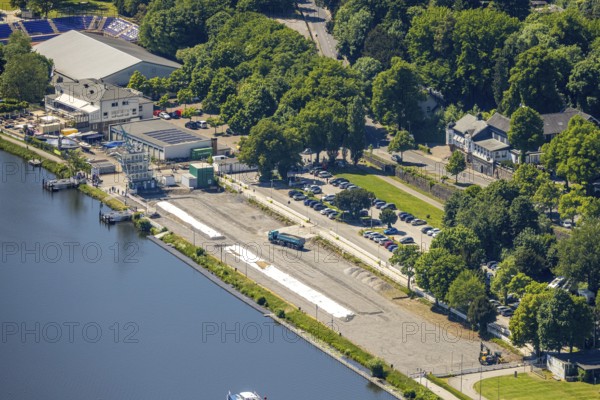 Aerial view, construction site with new regatta grandstand at the regatta centre and the regatta course at Lake Baldeney, Bredeney, Essen, Ruhr area, North Rhine-Westphalia, Germany