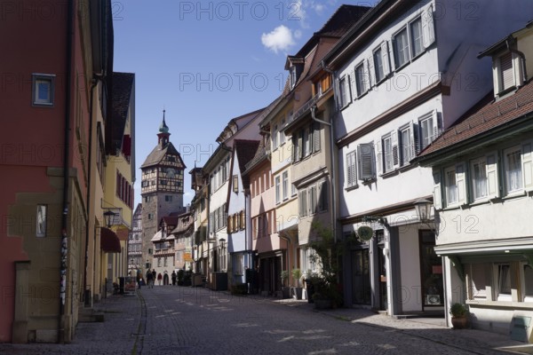 Gelbinger Gasse, Josenturm, tower, cobblestones, pedestrian zone, old town, Schwäbisch Hall, Hohenlohe, Germany