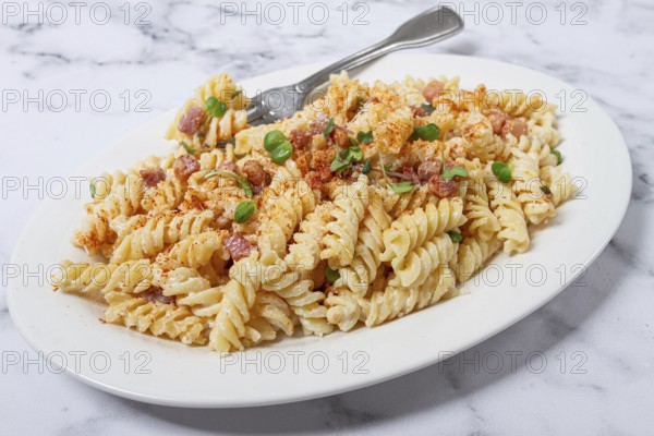 Fusilli pasta with cheese and bacon, homemade, no people