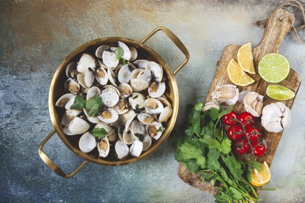 Cooking, vongole clams, in a pan with spices and white wine, top view, no people