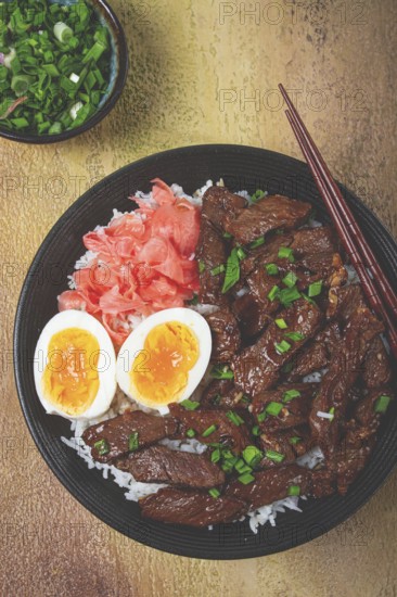 Udon Japanese beef with rice, pickled ginger, boiled egg slice, garnished with green onions, in a black bowl, with chopsticks