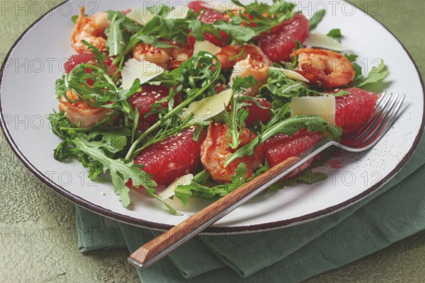 Fresh shrimp salad with arugula, grapefruit, and parmesan served in a bowl