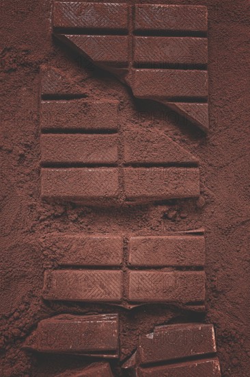 Chocolate bars broken and scattered on cocoa powder background with rich texture and color