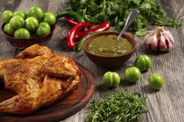 Baked tobacco chicken, served with tkemali sauce, on a wooden table, Georgian cuisine, rustic style, no people