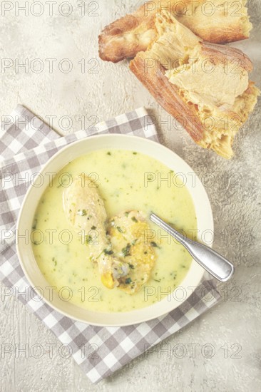 Chikhirtma chicken soup, Georgian dish, with lavash, top view, no people