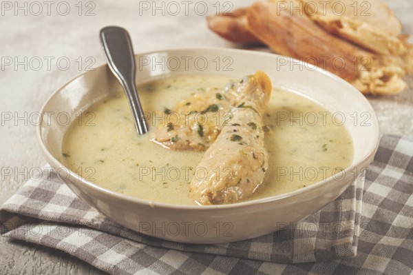 Chikhirtma chicken soup, Georgian dish, with lavash, top view, no people