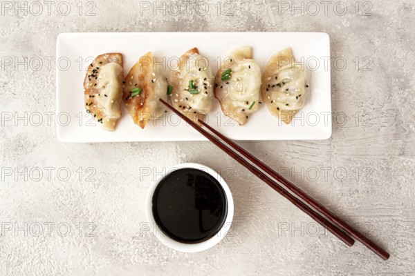 Gyoza Japanese dumplings, fried, with sauce, green onion, and sesame seeds, natural color, light background
