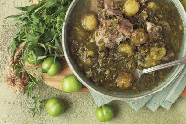 Chakapuli, Georgian dish, stewed meat with herbs and tkemali, in white wine, homemade, no people