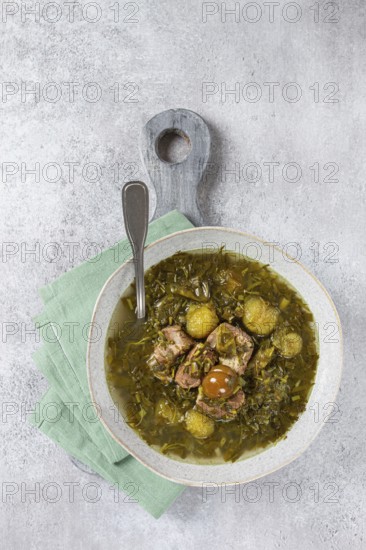 Chakapuli, Georgian dish, stewed meat with herbs and tkemali, in white wine, homemade, no people
