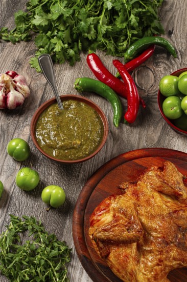 Baked tobacco chicken, served with tkemali sauce, on a wooden table, Georgian cuisine, rustic style, no people