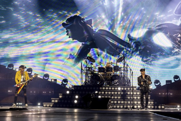Rudolf Schenker (guitarist), Mikkey Dee (drummer) and Klaus Meine (singer) of the band Scorpions live on 60 Years Anniversary Tour at the Heinz-von-Heiden-Arena Hannover on 05.07.2025