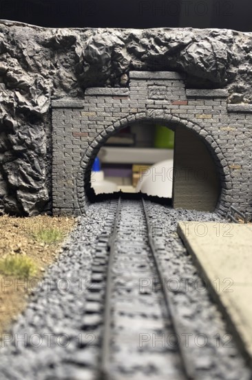 Model diorama: railway tunnel with tracks and rocks, Haan, North Rhine-Westphalia, Germany