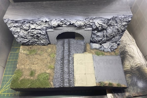Model making diorama: railway tunnel, tracks and rocky landscape, Haan, North Rhine-Westphalia, Germany