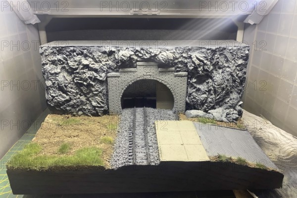 Model making diorama: railway tunnel with tracks and landscape, Haan, North Rhine-Westphalia, Germany