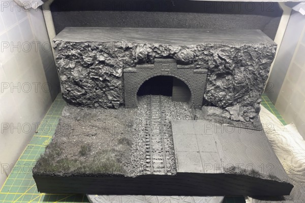 Modelling diorama: tunnel portal, tracks and rocky landscape in the shell, Haan, North Rhine-Westphalia, Germany