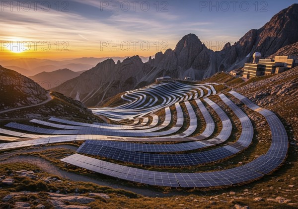 Winding rows of solar panels seamlessly integrated into a mountainous landscape under a dynamic sky, symbolizing renewable energy and a sustainable future.AI Generated