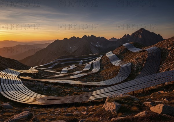 Winding rows of solar panels seamlessly integrated into a mountainous landscape under a dynamic sky, symbolizing renewable energy and a sustainable future.AI Generated