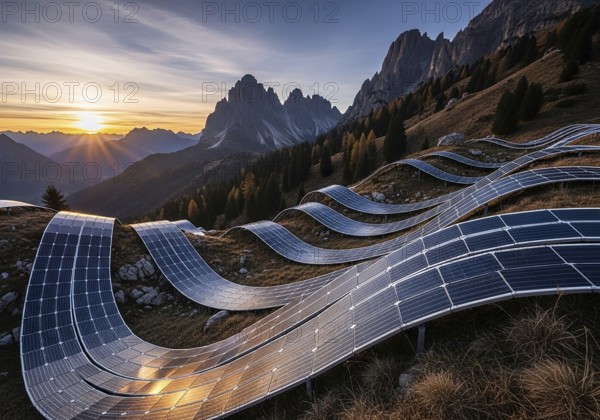 Winding rows of solar panels seamlessly integrated into a mountainous landscape under a dynamic sky, symbolizing renewable energy and a sustainable future.AI Generated