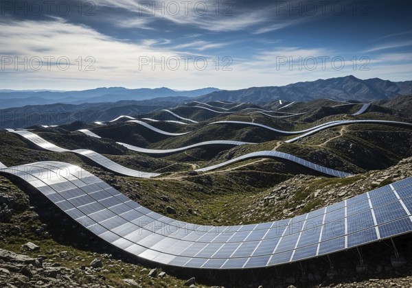 Winding rows of solar panels seamlessly integrated into a mountainous landscape under a dynamic sky, symbolizing renewable energy and a sustainable future.AI Generated