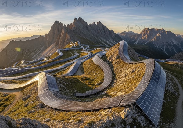Winding rows of solar panels seamlessly integrated into a mountainous landscape under a dynamic sky, symbolizing renewable energy and a sustainable future.AI Generated