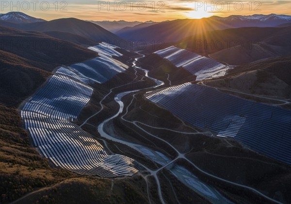 Winding rows of solar panels seamlessly integrated into a mountainous landscape under a dynamic sky, symbolizing renewable energy and a sustainable future.AI Generated