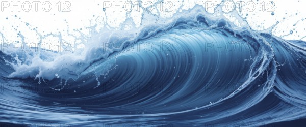 A powerful blue ocean wave cresting, with splashes and foam against a white background. Captivating and dynamic, AI generated