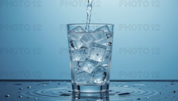 A glass of water being poured over ice cubes on a blue background. Water droplets are visible, creating a refreshing scene, AI generated