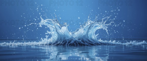 A captivating shot of water, capturing the moment of a splash with fine detail and a serene blue backdrop, AI generated