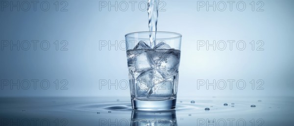 A glass of water with ice cubes being filled with a stream of water, set against a gradient blue backdrop, creating a fresh, refreshing vibe, AI generated