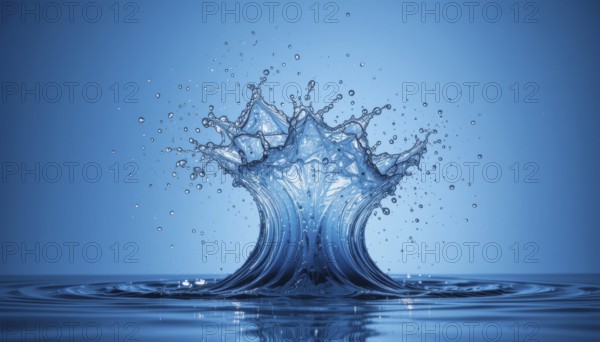 A striking capture of a water splash, showcasing the dynamics and beauty of fluid motion against a blue backdrop, AI generated