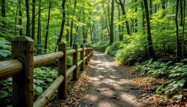 A scenic forest path leads through a vibrant green woodland, with a wooden fence bordering the trail, AI generated